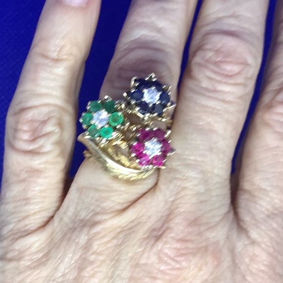 Vintage Tulip Ring - Stacking Rings - Emerald, Ruby & Sapphire - Picture 2 of 7